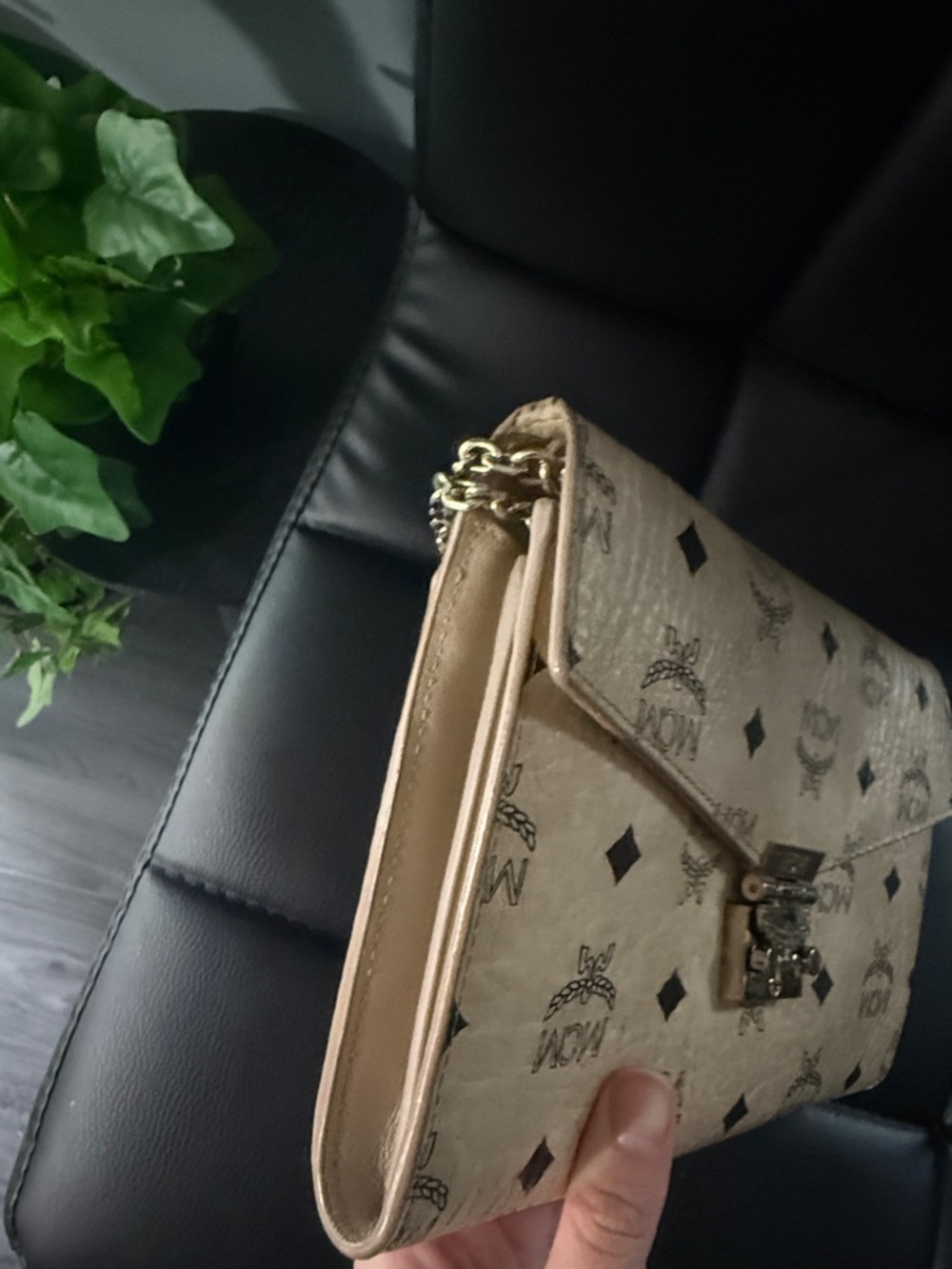 MCM Beige Monogram Chain Crossbody Bag with Gold Hardware - Picture 4 of 9
